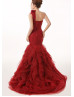 One Shoulder Burgundy Pleated Tulle Celebrity Wedding Dress